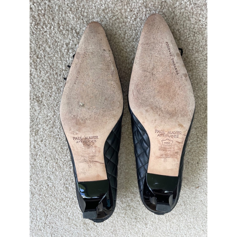 Paul Mayer Attitudes Black Quilted Leather Patent Toe Kitten Heel Pumps 8.5 B - Picture 4 of 5